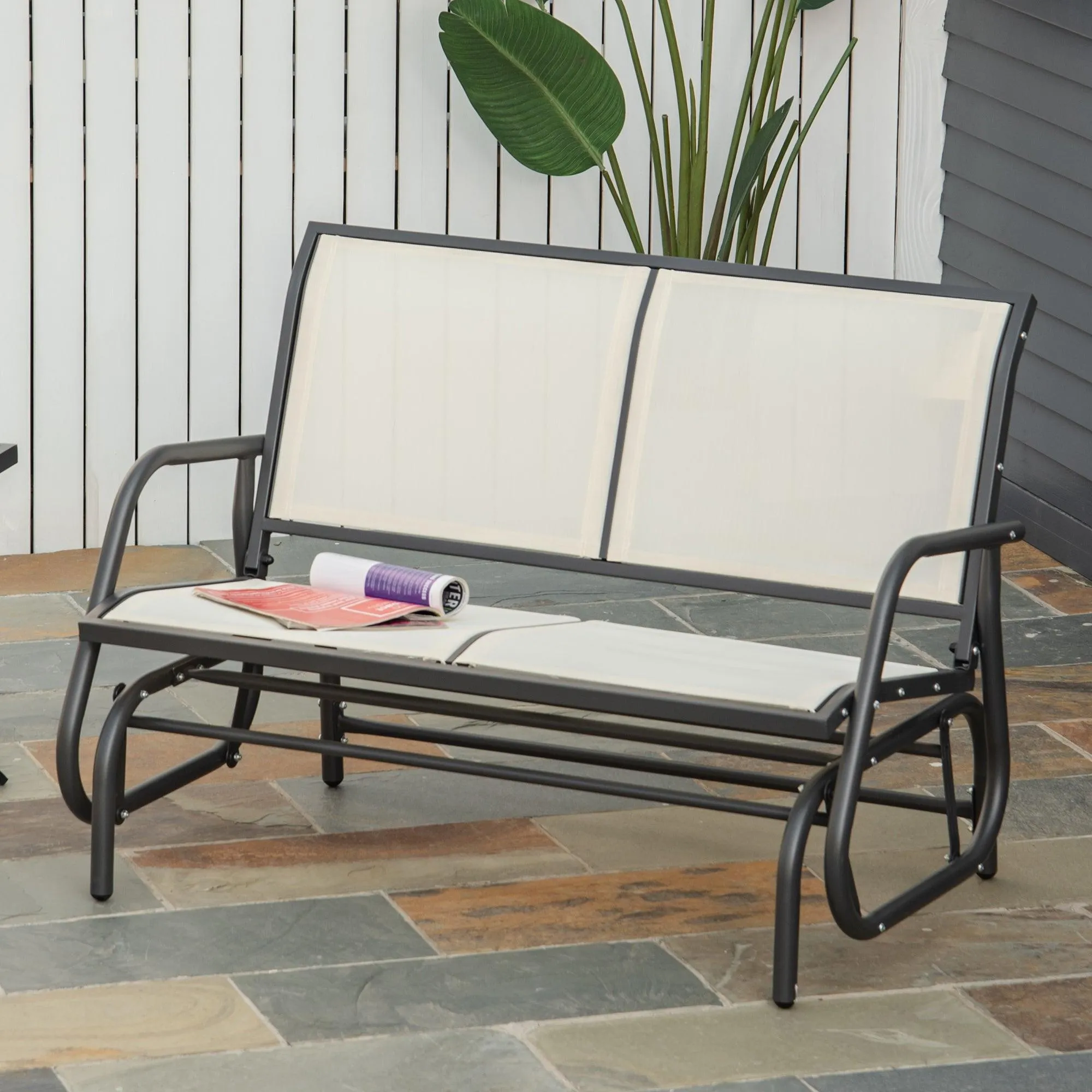 2-Person Outdoor Glider Bench, Patio Swing Rocking Chair, Beige