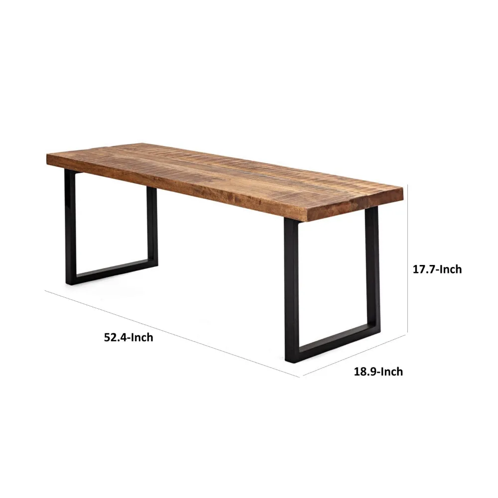 52 Inch Side Dining Bench, Black Iron Base, Mango Wood, Natural Brown By Casagear Home