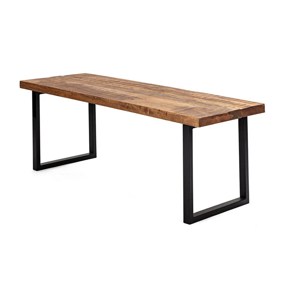 52 Inch Side Dining Bench, Black Iron Base, Mango Wood, Natural Brown By Casagear Home
