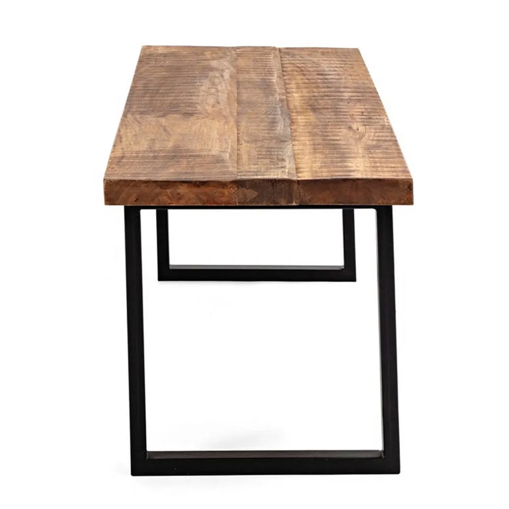 52 Inch Side Dining Bench, Black Iron Base, Mango Wood, Natural Brown By Casagear Home