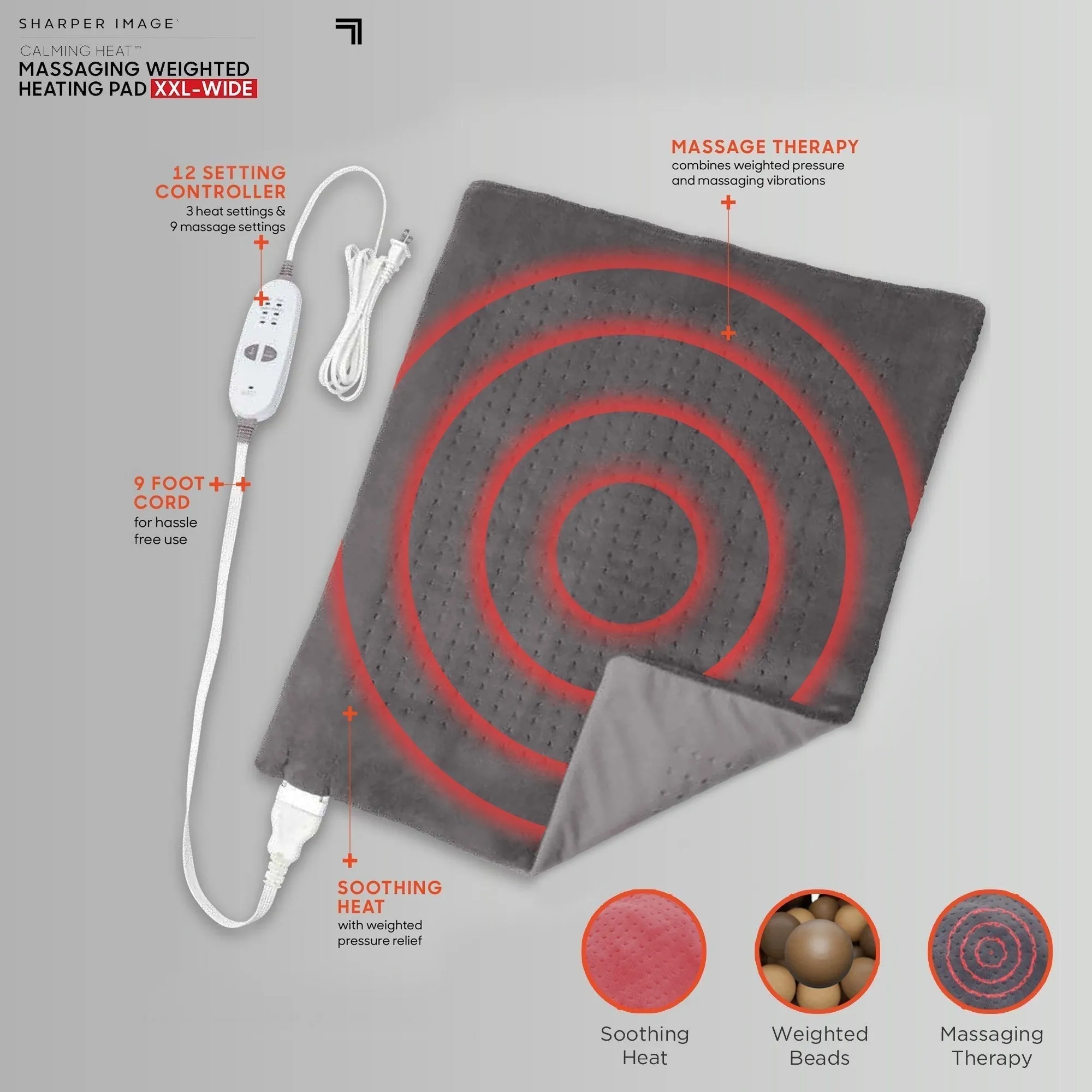 Deluxe XXL By Sharper Image Weighted Massaging Heating Pad