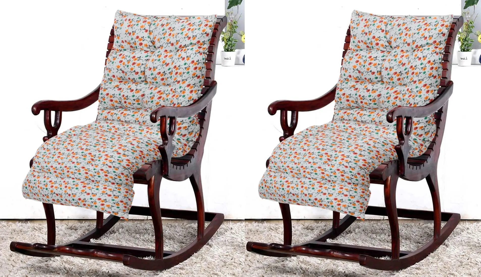 Heart Home Flower Printed Microfiber Back & Seat Cushion for Indoor/Outdoor Patio Chair, Rocking Chair, Office Chair, Reclining Chairs with Ties, 18 * 46 Inch- Pack of 2 (White)