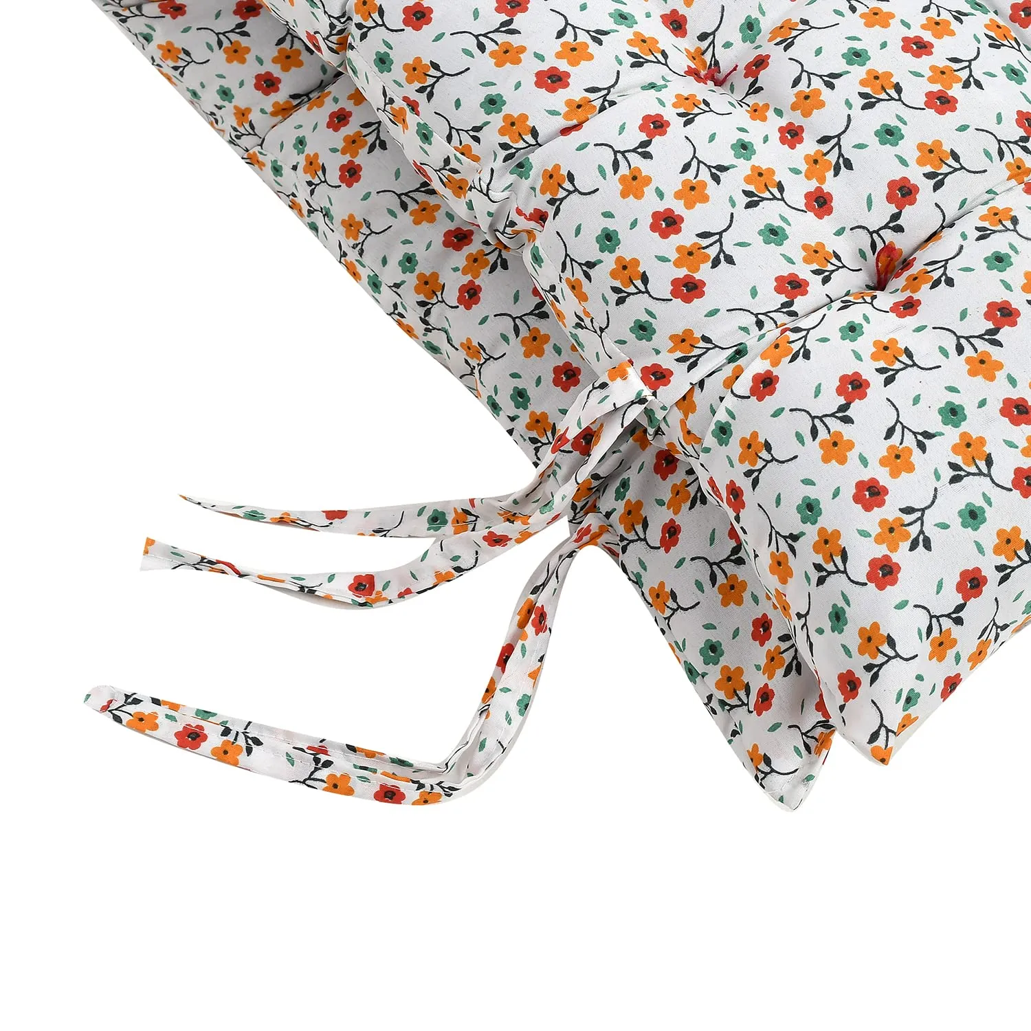 Heart Home Flower Printed Microfiber Back & Seat Cushion for Indoor/Outdoor Patio Chair, Rocking Chair, Office Chair, Reclining Chairs with Ties, 18 * 46 Inch- Pack of 2 (White)