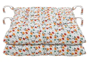 Heart Home Flower Printed Microfiber Durable, Comfortable & Soft Square Chair Pad/Cushion/Seat Pad with Ties, 18 * 18 Inch- Pack of 2 (White)