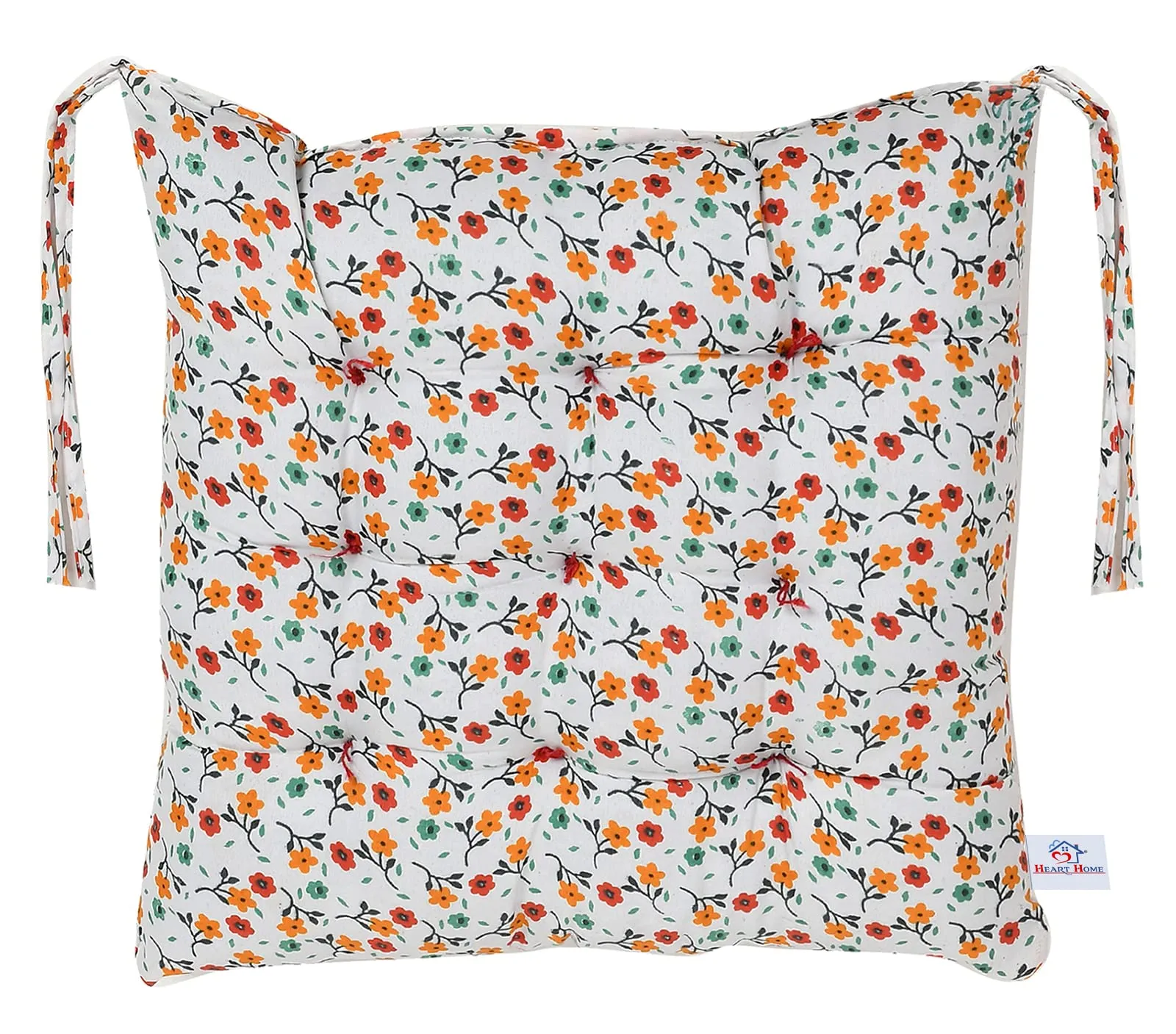 Heart Home Flower Printed Microfiber Durable, Comfortable & Soft Square Chair Pad/Cushion/Seat Pad with Ties, 18 * 18 Inch- Pack of 2 (White)