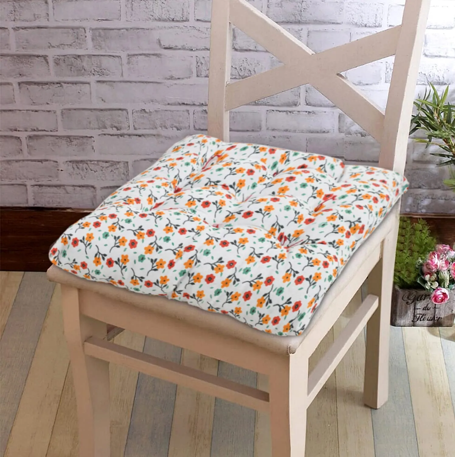 Heart Home Flower Printed Microfiber Durable, Comfortable & Soft Square Chair Pad/Cushion/Seat Pad with Ties, 18 * 18 Inch- Pack of 2 (White)
