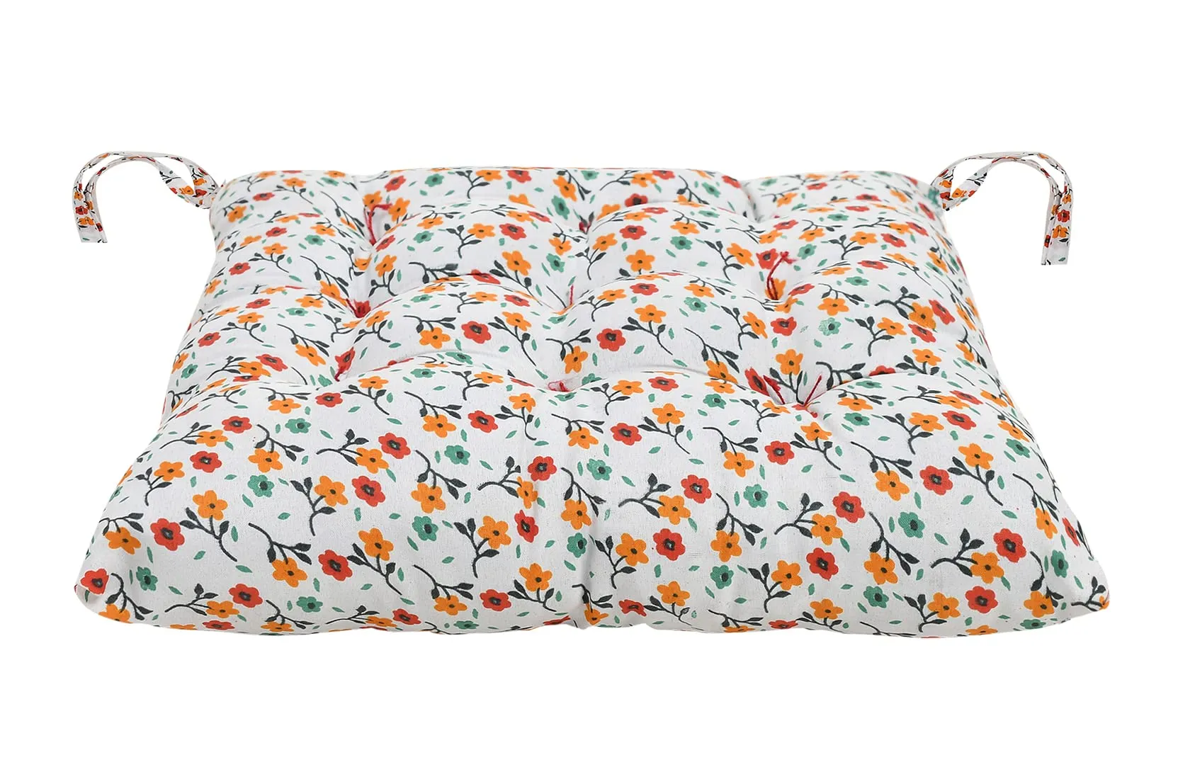 Heart Home Flower Printed Microfiber Durable, Comfortable & Soft Square Chair Pad/Cushion/Seat Pad with Ties, 18 * 18 Inch- Pack of 2 (White)