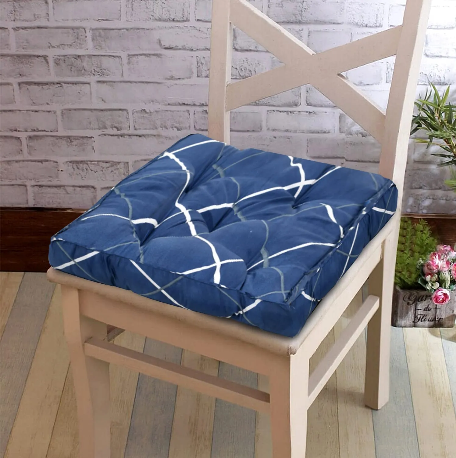 Heart Home Geomatric Printed Microfiber Square Chair Pad Seat Cushion for Rocking Chair, Office Chair, Dinning Chair, Indoor/Outdoor, 18 * 18 Inch (Blue)