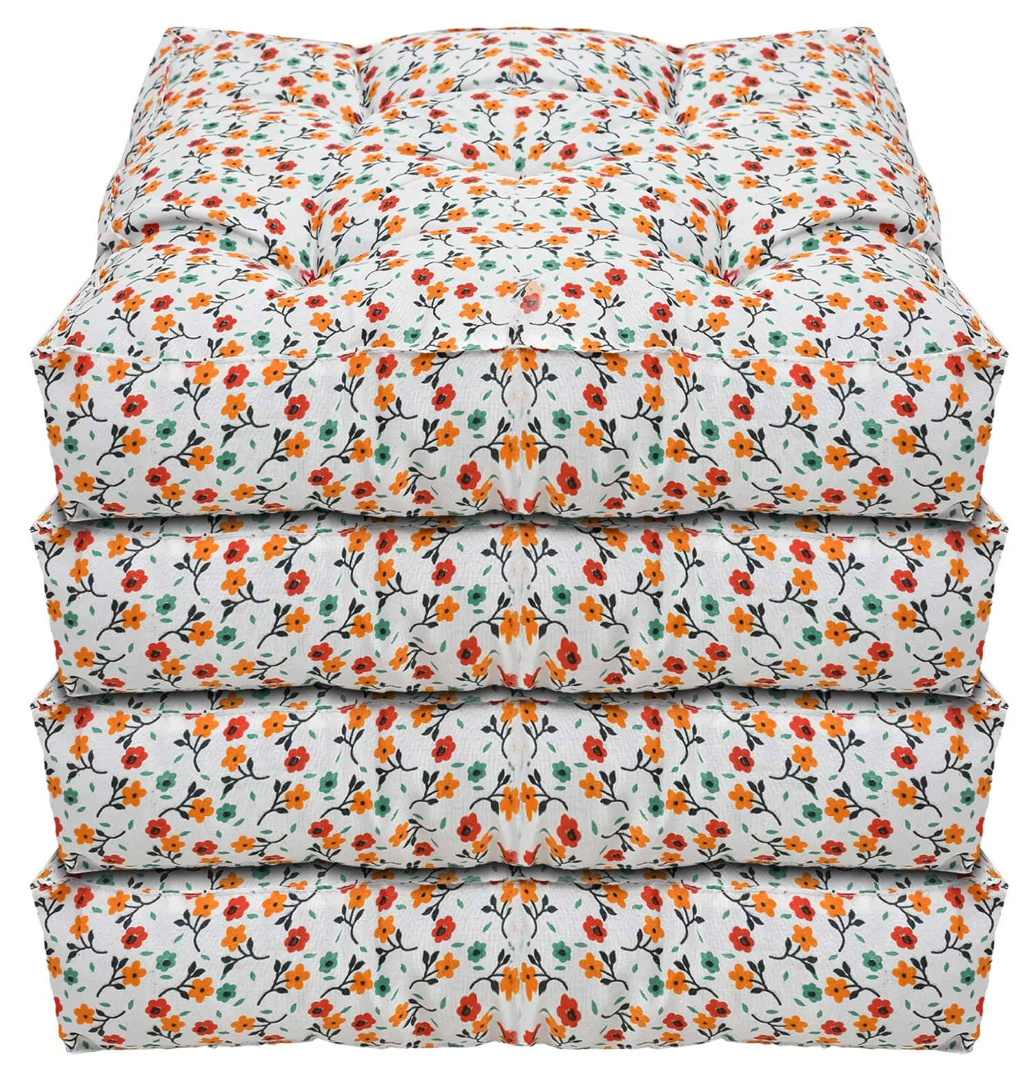 Kuber Industries Flower Printed Microfiber Square Chair Pad Seat Cushion for Rocking Chair, Office Chair, Dinning Chair, Indoor/Outdoor, 18 * 18 Inch- Pack of 4 (White)-49LUG267