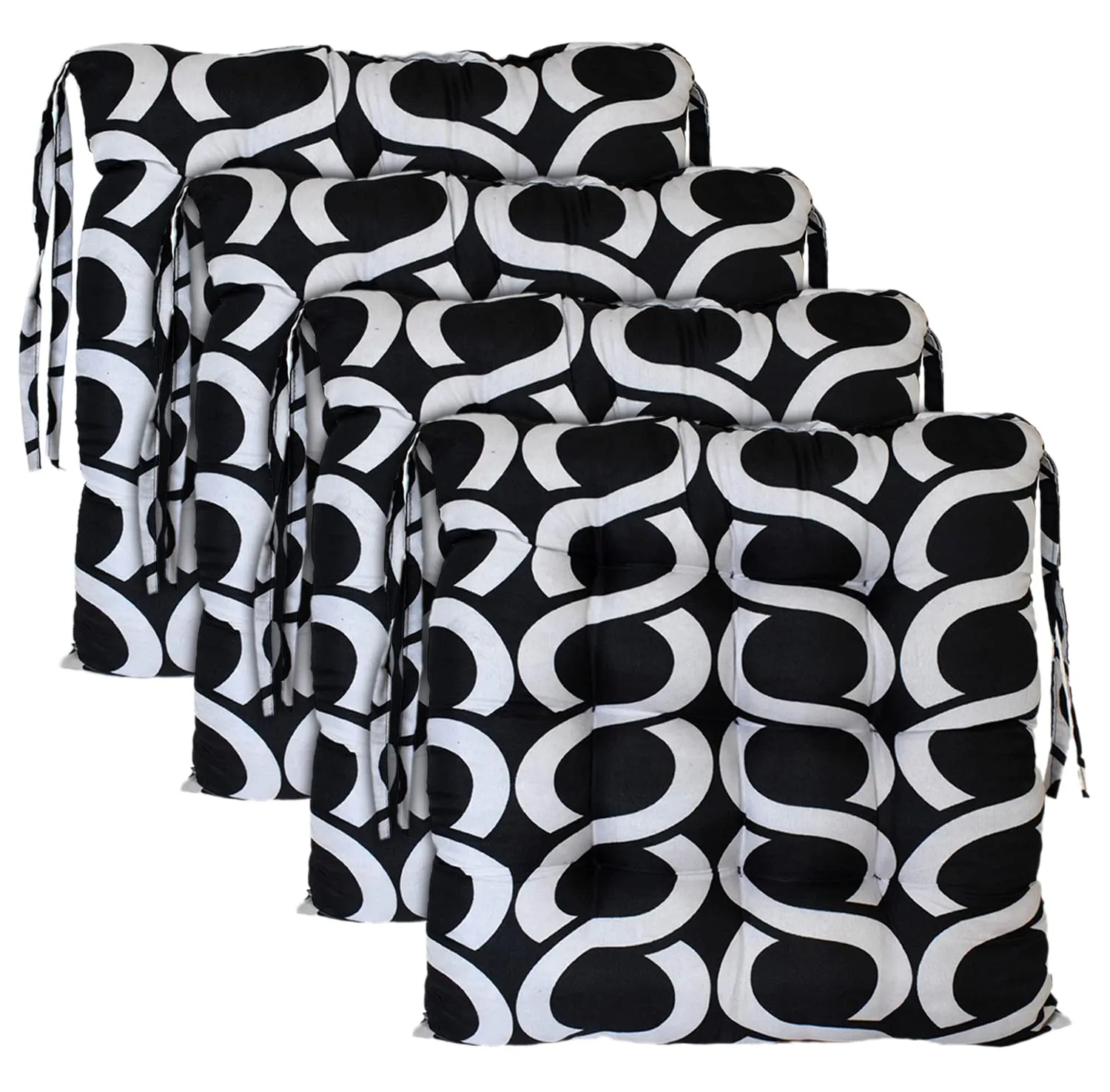 Kuber Industries Geometric Seamless Pattern Microfiber Square Chair Pad Seat Cushion For Rocking chair, Office chair, Dinning chair, Indoor/Outdoor With Ties, 18 * 18 Inch- Pack of 4 (Black)