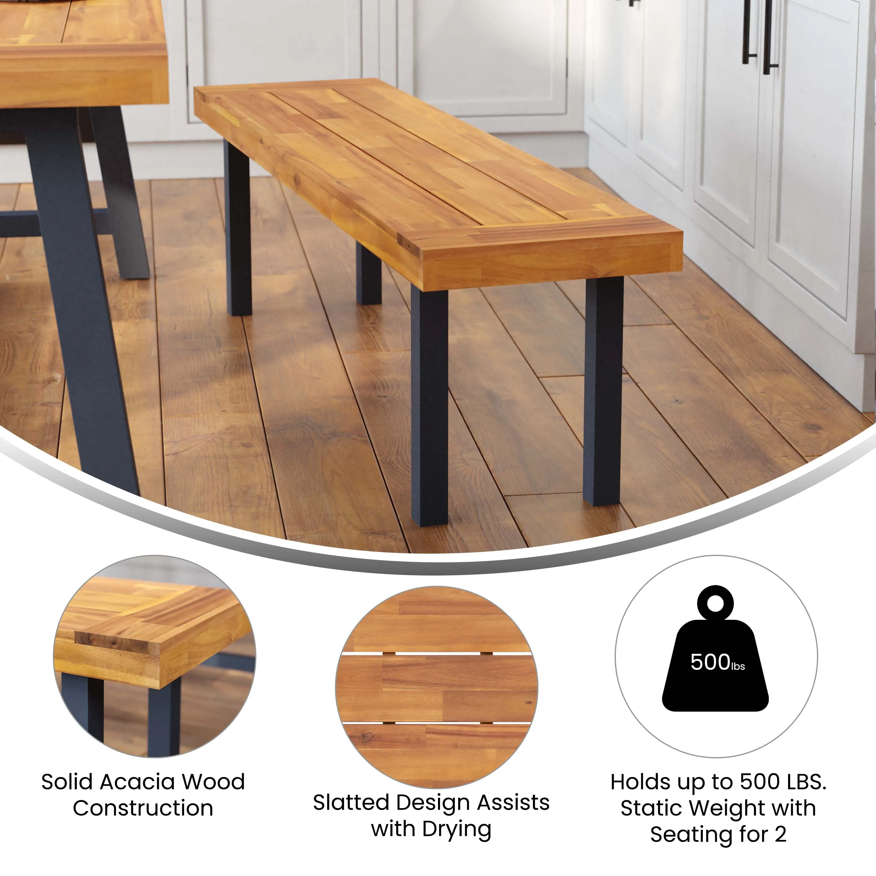 Martindale Solid Acacia Wood Patio Dining Bench for 2 with Slatted Top and Black Flared Wooden Legs