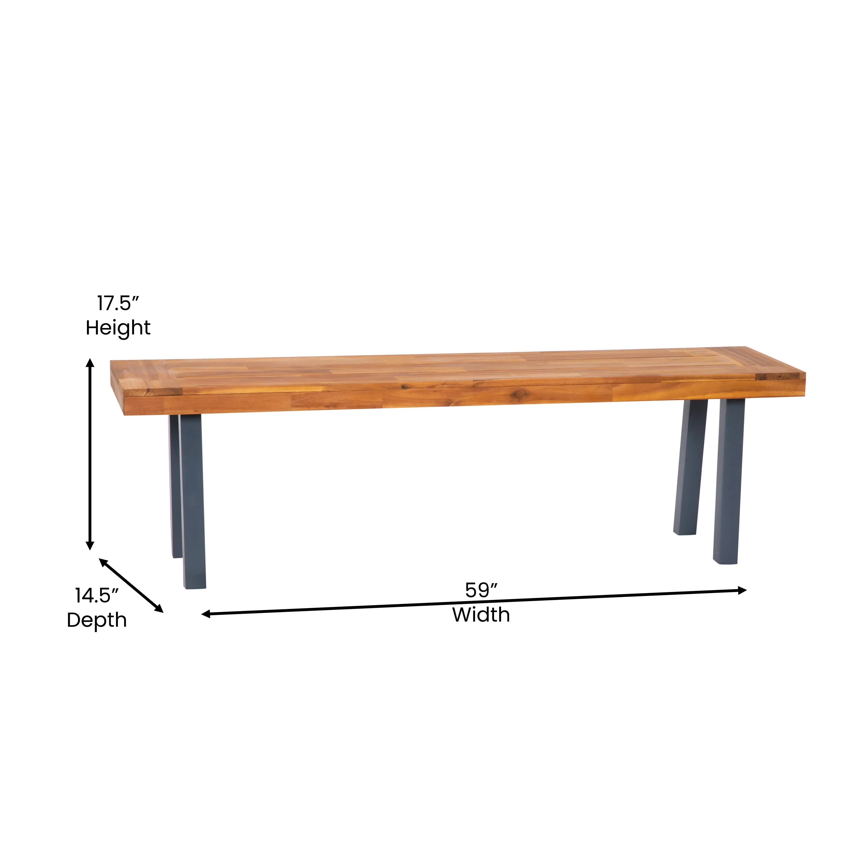Martindale Solid Acacia Wood Patio Dining Bench for 2 with Slatted Top and Black Flared Wooden Legs