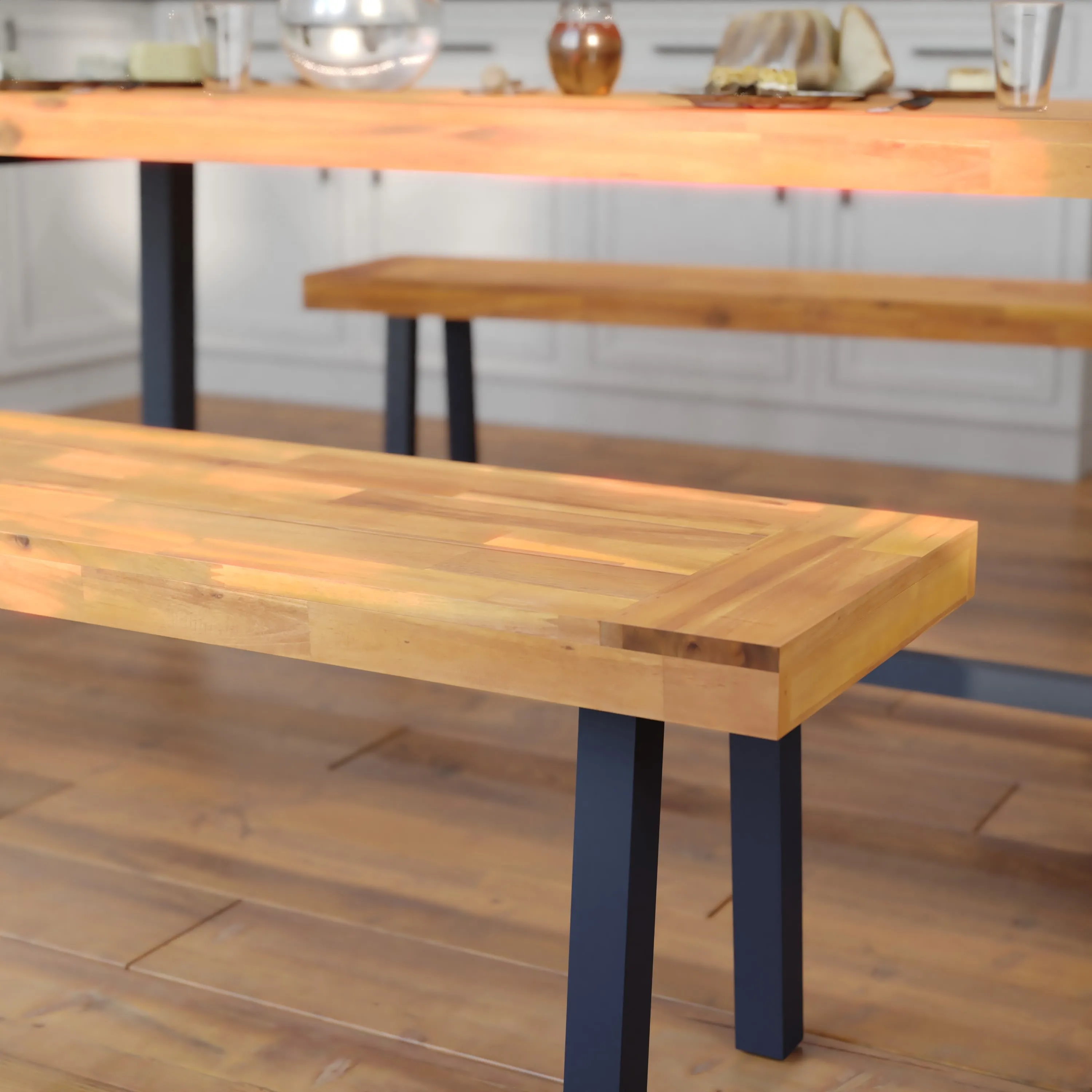 Martindale Solid Acacia Wood Patio Dining Bench for 2 with Slatted Top and Black Flared Wooden Legs