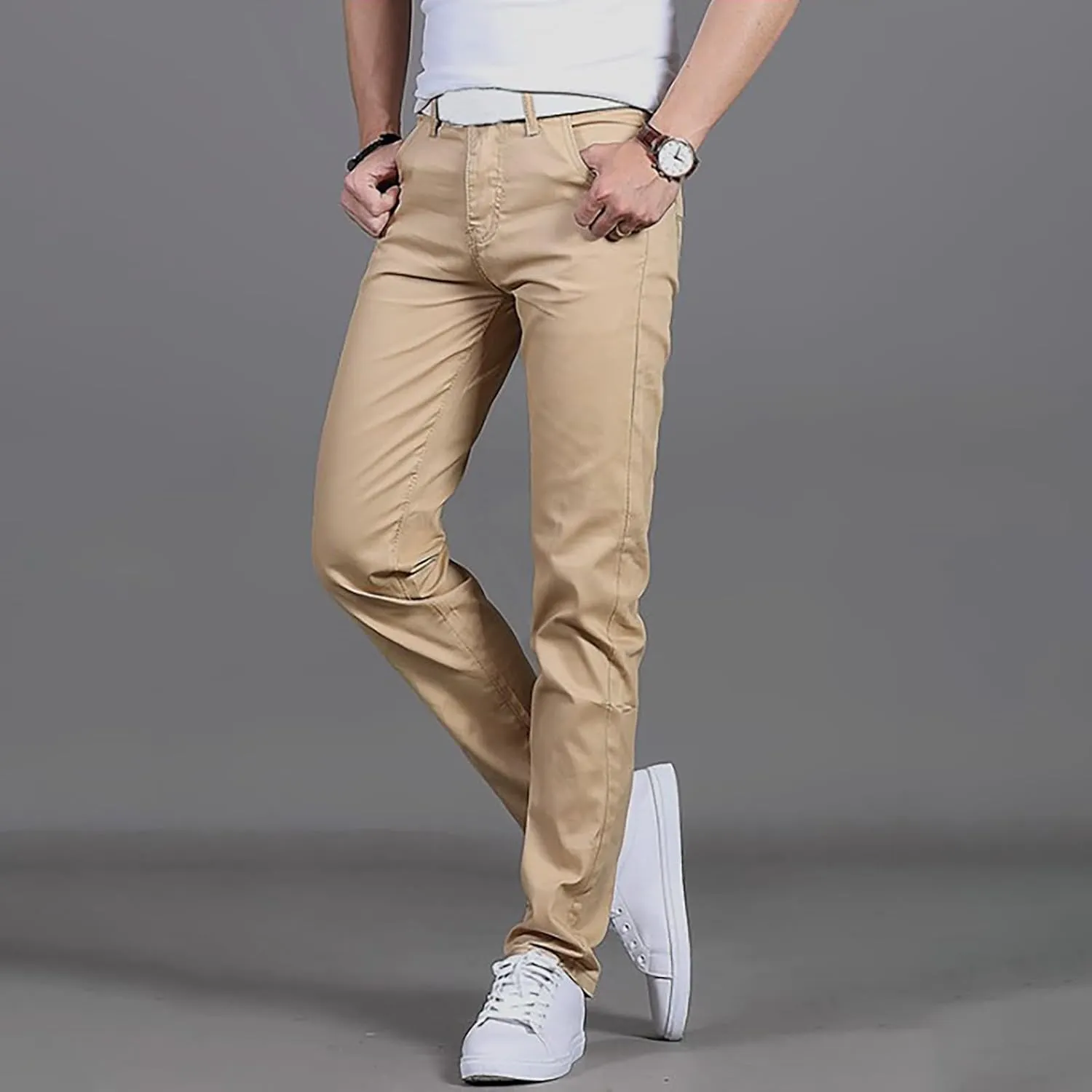 Mens Dress Slacks Plain Straight Leg Casual Pants Outdoor Trendy Open Bottom Summer Fashion Trousers with Pockets