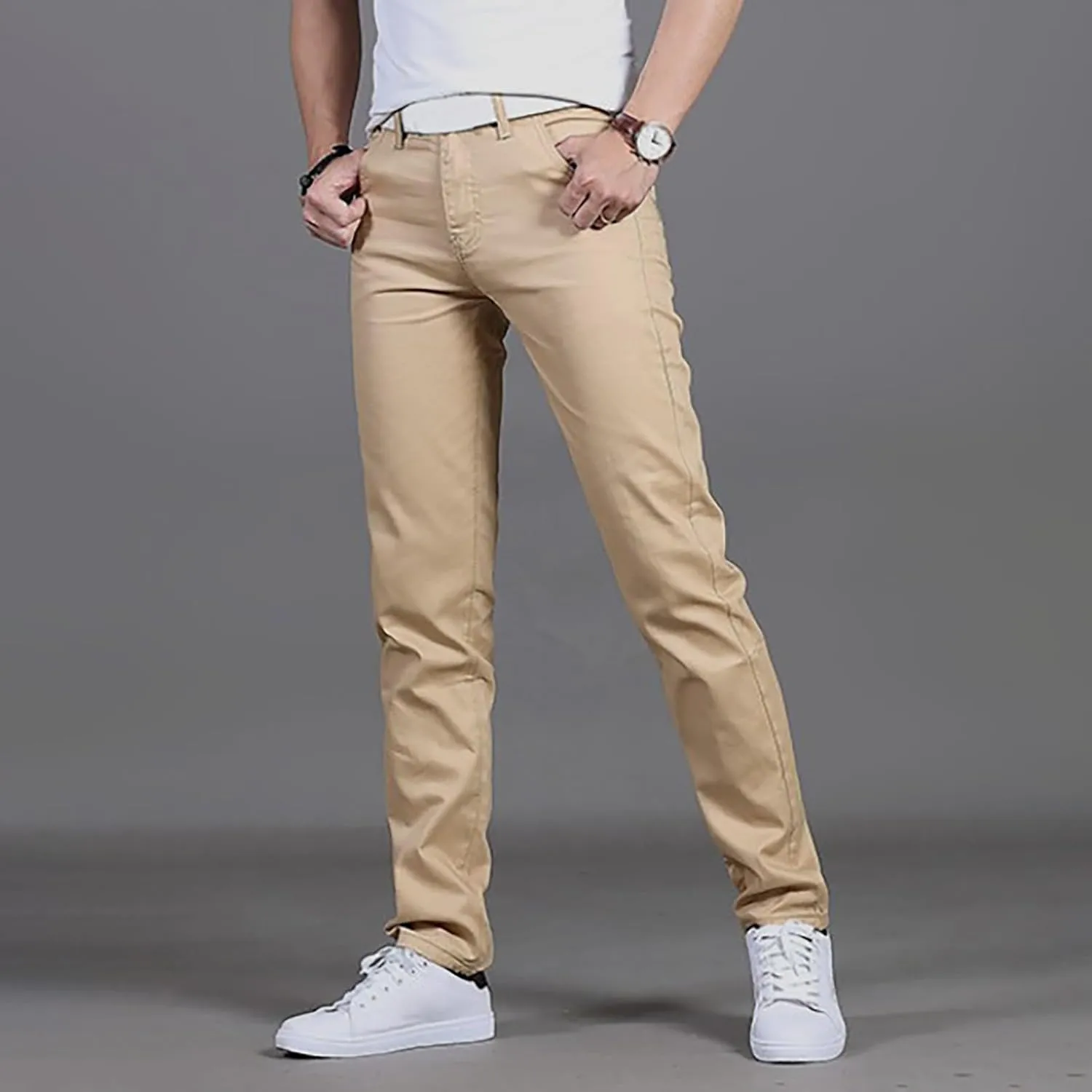 Mens Dress Slacks Plain Straight Leg Casual Pants Outdoor Trendy Open Bottom Summer Fashion Trousers with Pockets