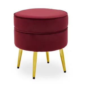 Round Velvet Footstool with Gold Legs - Wine