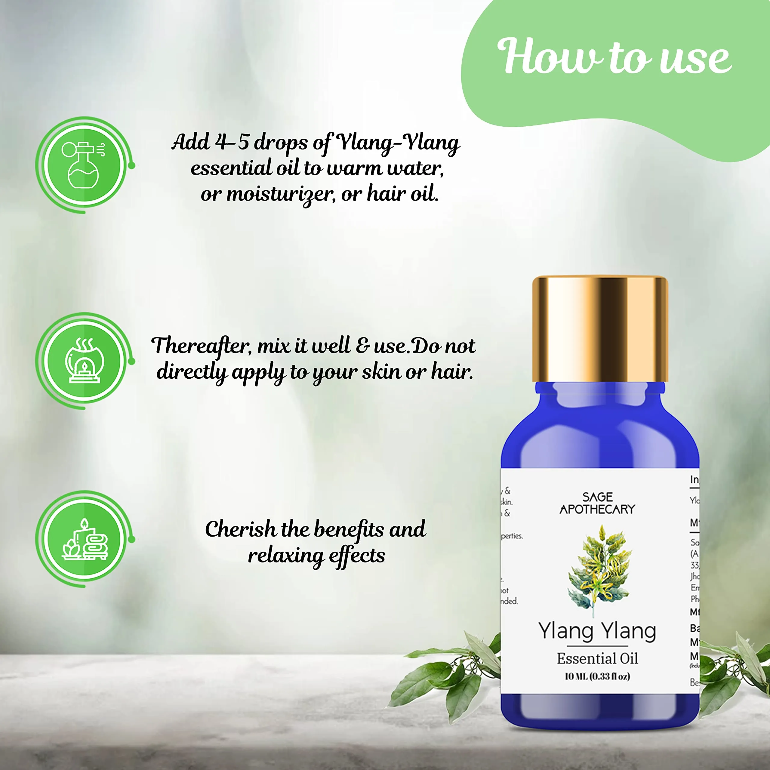 Sage Apothecary Pure & Natural Ylang-Ylang Essential Oil- 10 ML, Undiluted for For Skin Care,helps Hair Growth, Immunity, Face, Body, Sleep, Dry Skin, Massage, Oily Skin, Diffuser & Aromatherapy