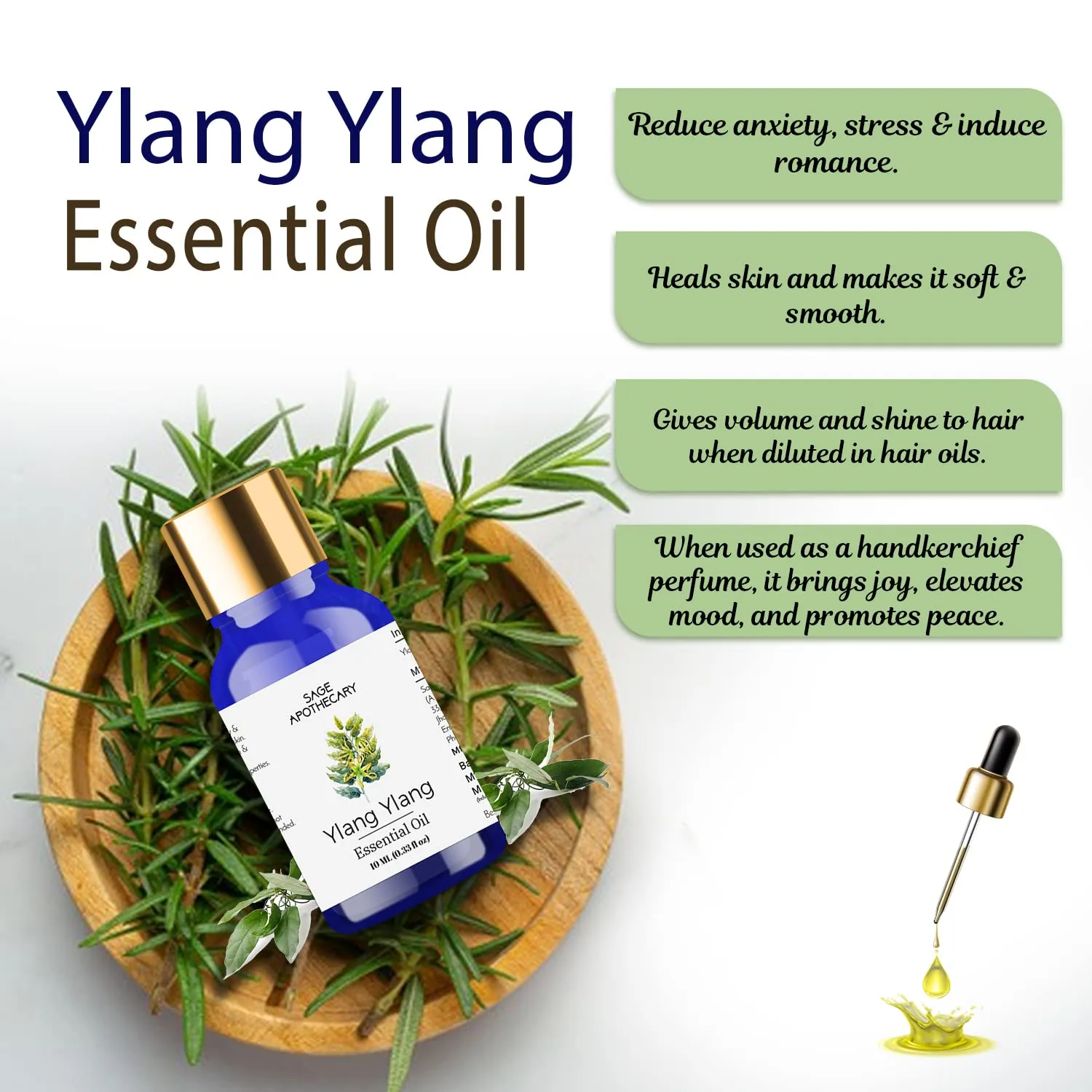 Sage Apothecary Pure & Natural Ylang-Ylang Essential Oil- 10 ML, Undiluted for For Skin Care,helps Hair Growth, Immunity, Face, Body, Sleep, Dry Skin, Massage, Oily Skin, Diffuser & Aromatherapy