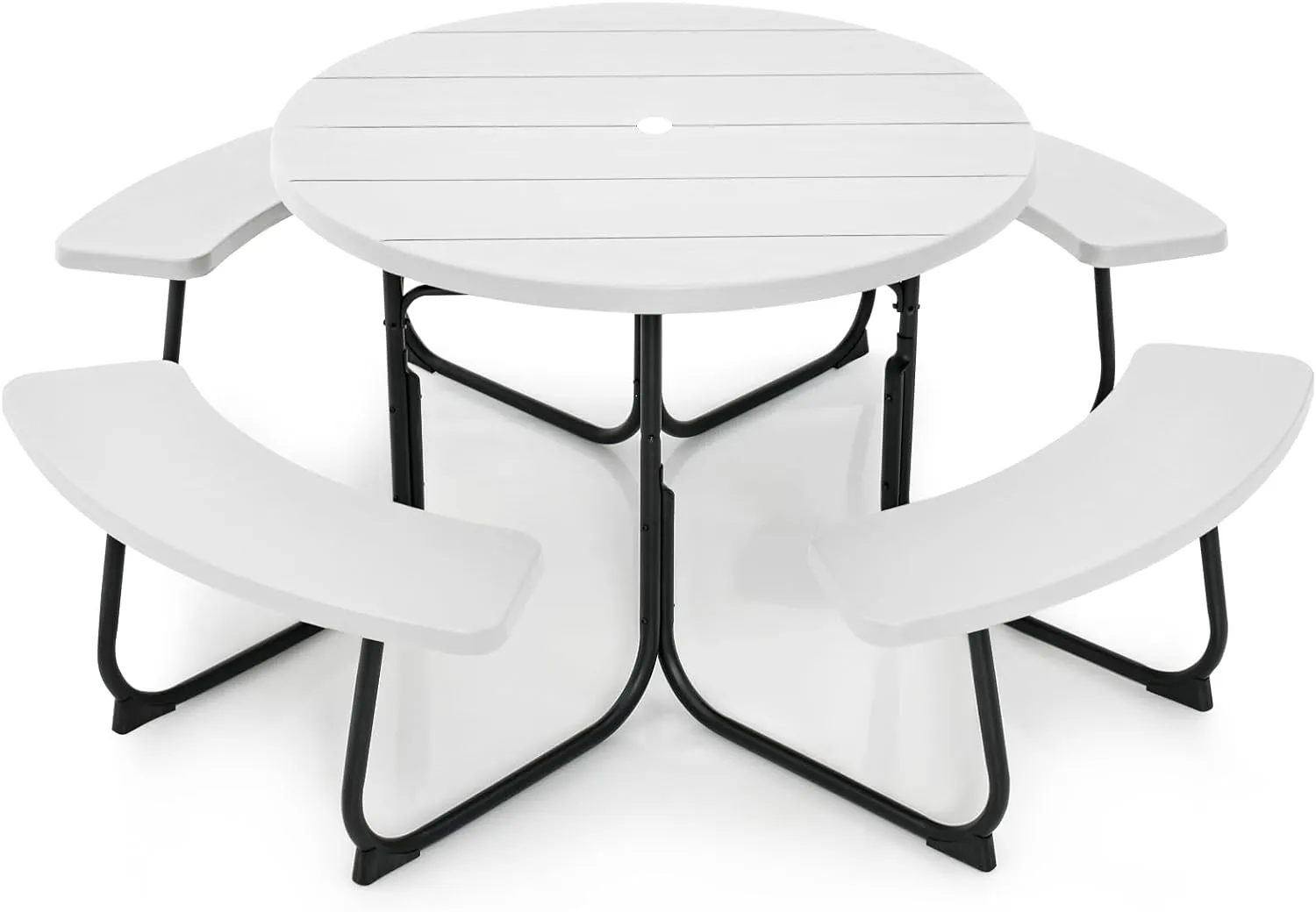 Tangkula 8 Person Picnic Table, Outdoor Round Picnic Table with 4 Built-in Benches, Umbrella Hole