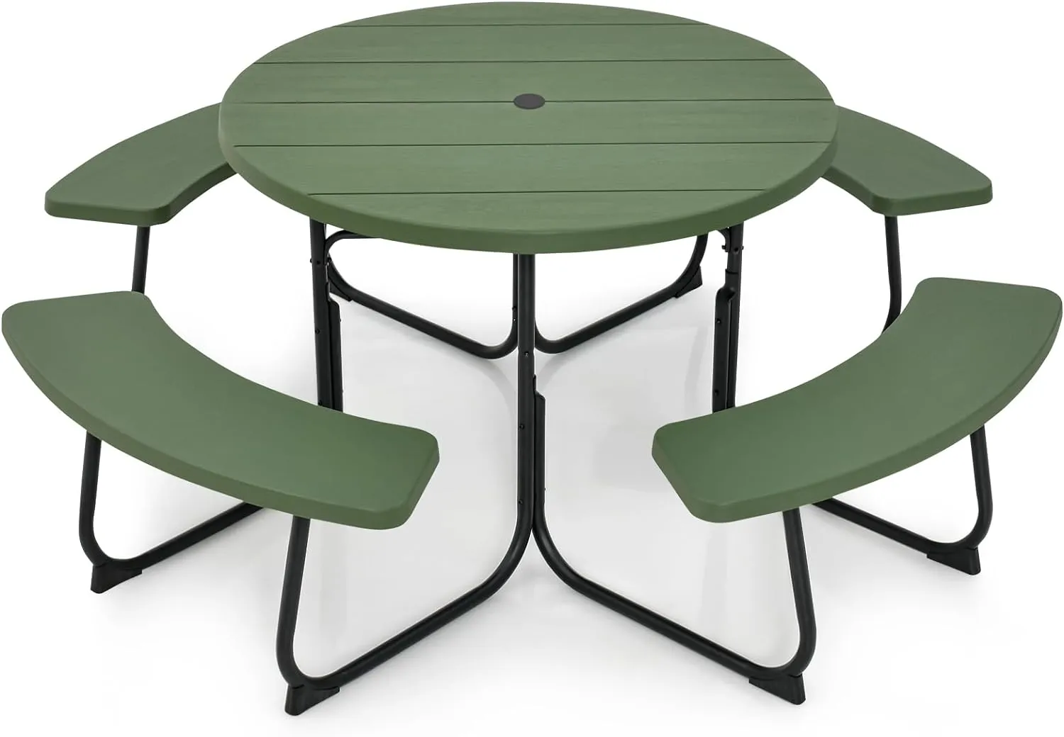 Tangkula 8 Person Picnic Table, Outdoor Round Picnic Table with 4 Built-in Benches, Umbrella Hole
