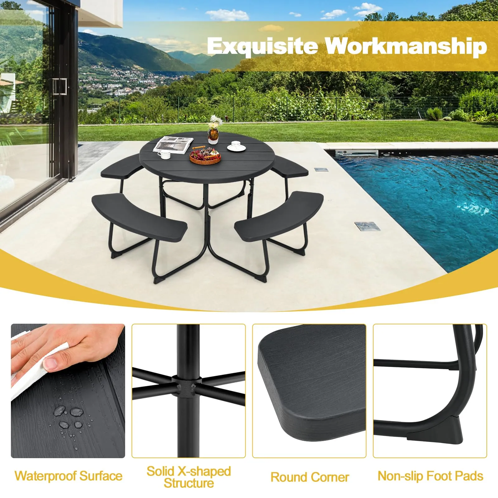 Tangkula 8 Person Picnic Table, Outdoor Round Picnic Table with 4 Built-in Benches, Umbrella Hole